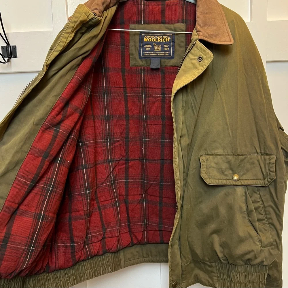VTG Woolrich Men Bomber Jacket Thermore Green Brown Leather Size XL Rustic Cabin